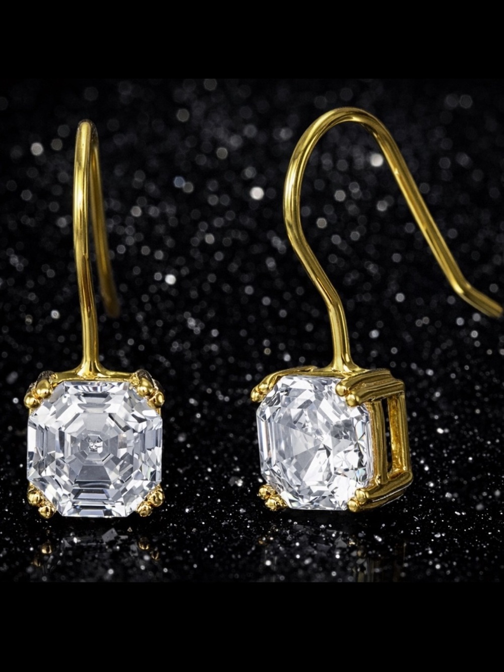 Asscher emerald princess Cut Cz Diamonique Dangle Drop Hook Earrings 18k Gold